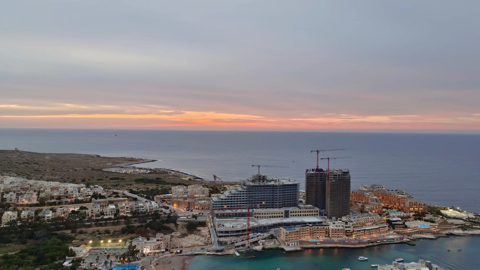 The north-east coast of Malta at sunset, seen from above St Paul's Bay