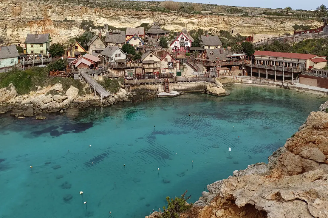 Popeye Village at Anchor Bay, a film set turned attraction, above turquoise water